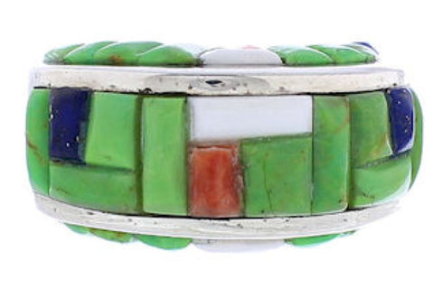 Southwestern Sterling Silver Multicolor Inlay Ring Size 6-1/2 UX36043